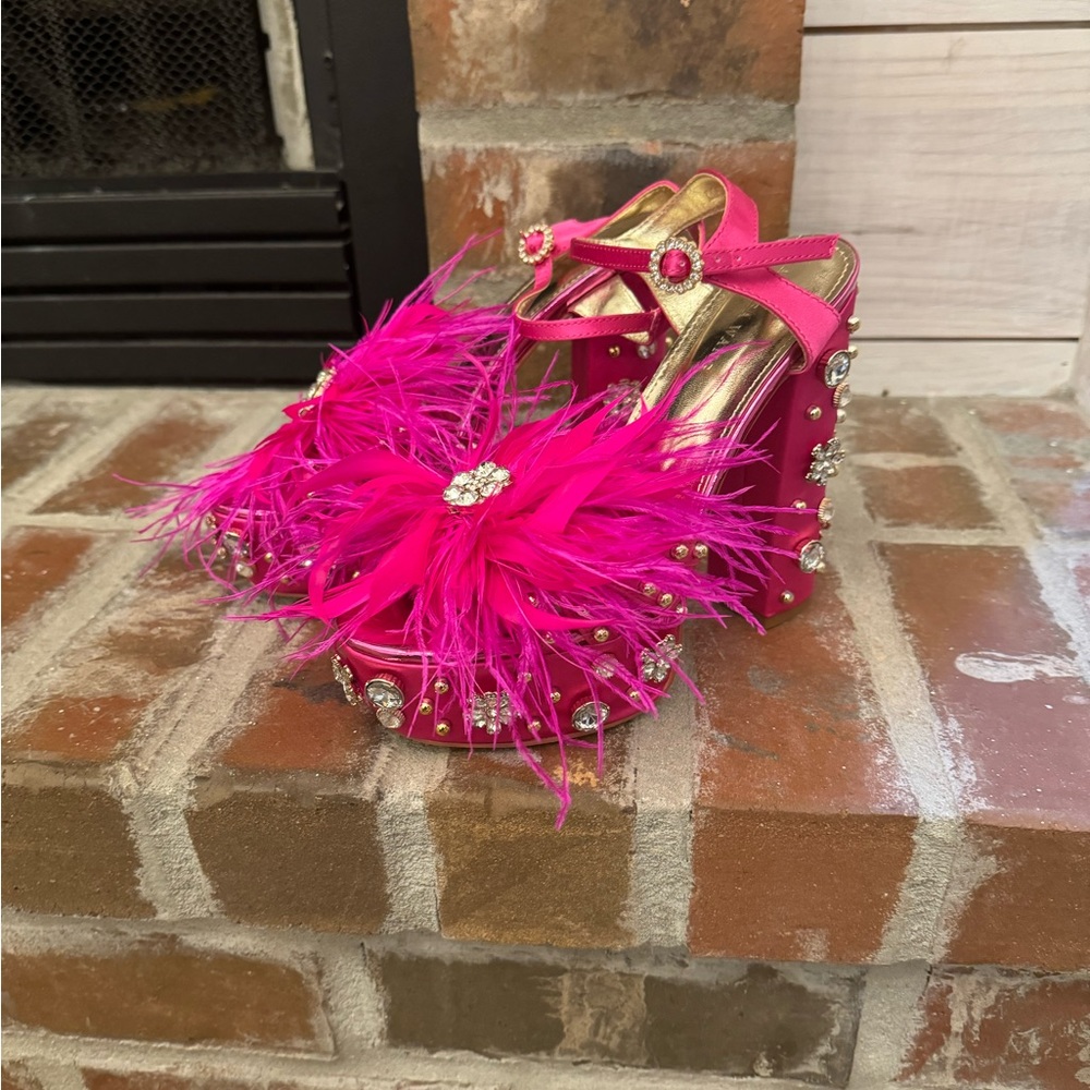 Pink rhinestone feather platform heels
